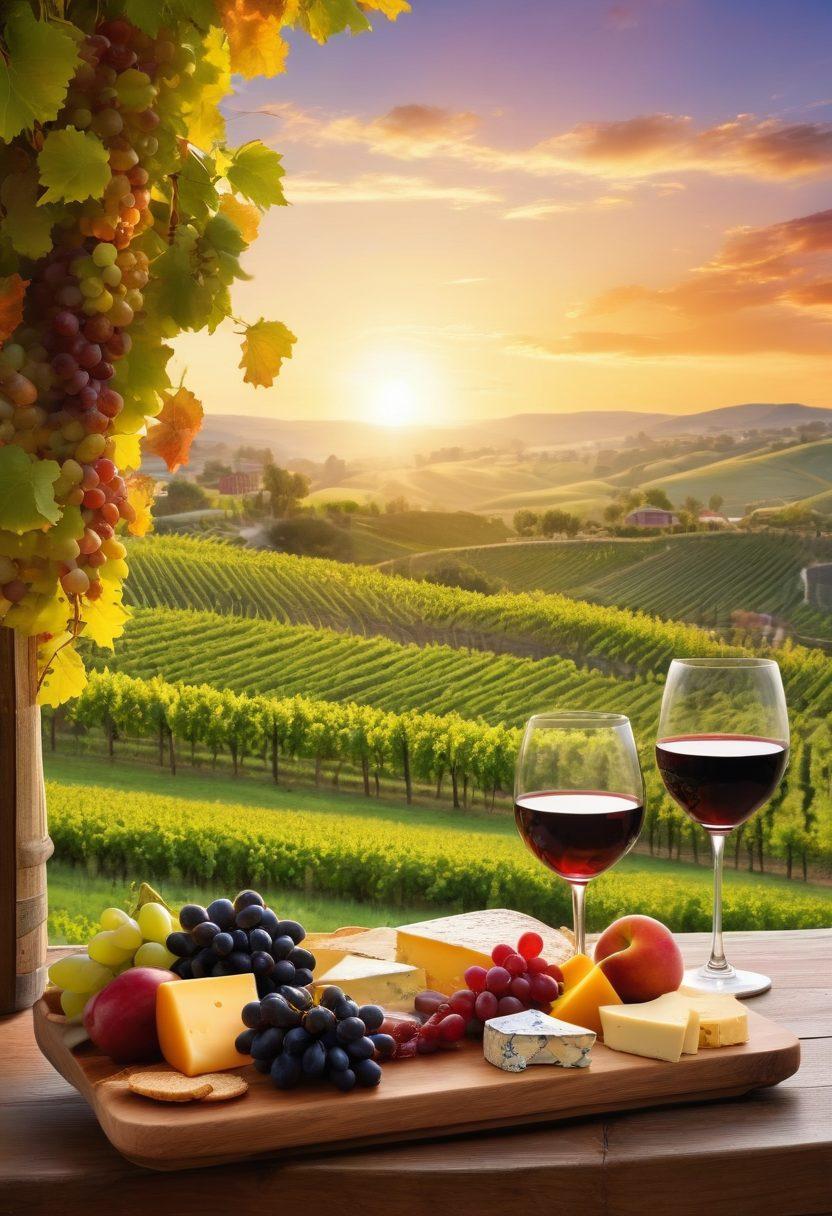 A picturesque vineyard landscape showcasing rolling hills of grapevines under a golden sunset. In the foreground, a wine glass elegantly filled with deep red wine, paired with a cheese board featuring various cheeses and fruits. Include elements of sustainability such as solar panels and a recycling bin harmoniously integrated into the scenery. Infuse the scene with vibrant colors to capture the warmth and richness of wine culture. super-realistic. vibrant colors. serene atmosphere.