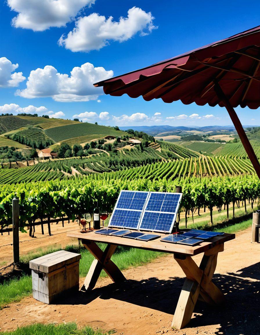 A serene vineyard landscape showcasing lush grapevines intertwined with eco-friendly practices, such as solar panels and rainwater collectors. In the foreground, a rustic wooden table with beautifully arranged wine bottles and sustainable tasting glasses made from recycled materials. Vibrant blue skies above with fluffy clouds, symbolizing a healthy environment. The scene conveys a message of harmony between nature and wine production. super-realistic. vibrant colors.