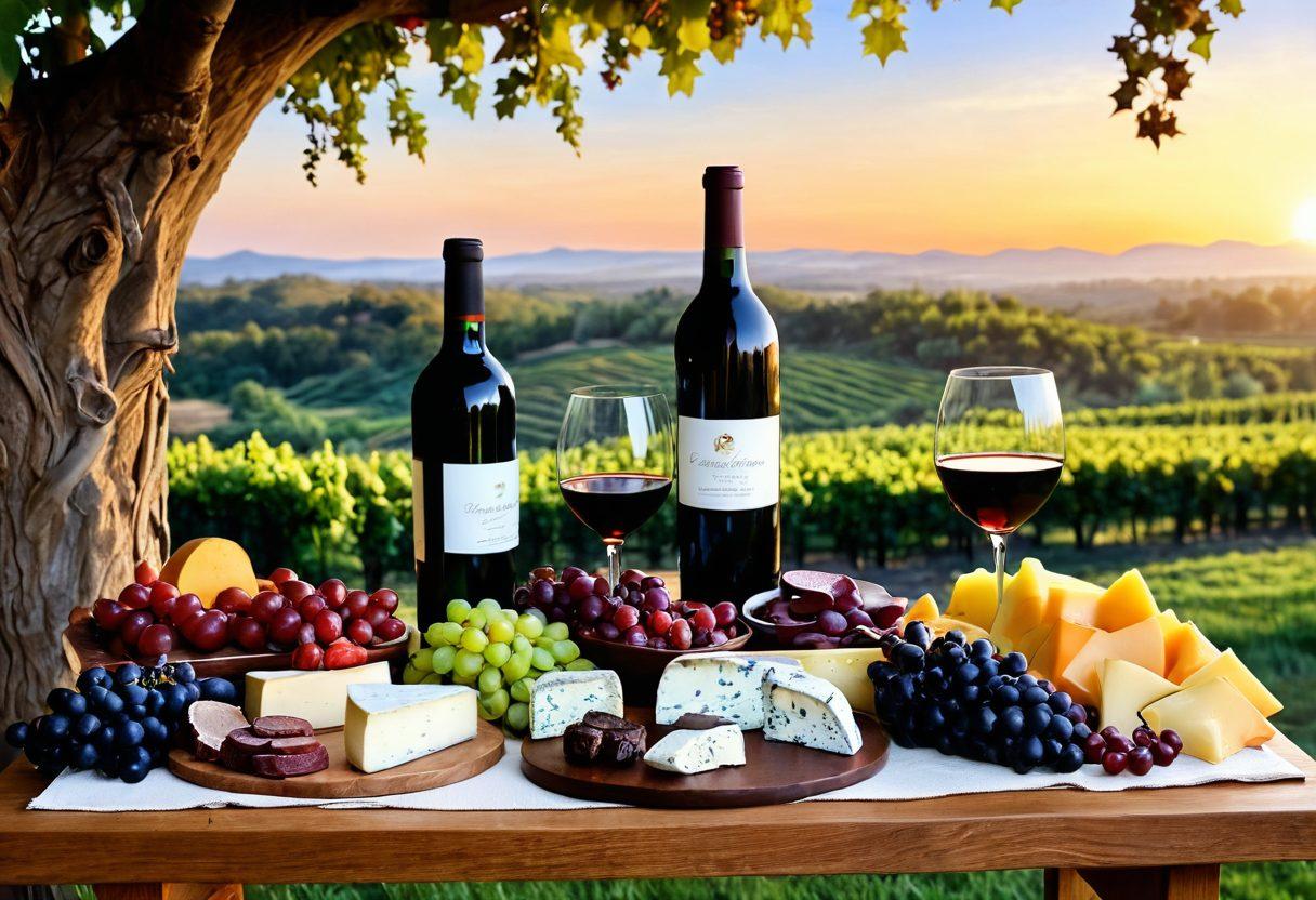 A beautifully arranged wine tasting table featuring an elegant bottle of red wine with matching gourmet cheeses, fruits, and chocolate treats. Surrounding the table are vibrant grapevines and lush greenery, creating a romantic vineyard backdrop during sunset. The scene conveys sophistication and indulgence, inviting the viewer to explore the pleasures of wine pairing. super-realistic. vibrant colors. natural lighting.